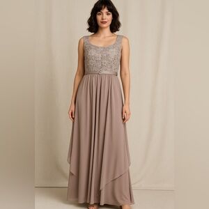 👗 R&M Richards Taupe Beaded Lace Chiffon Evening Gown – Size 14